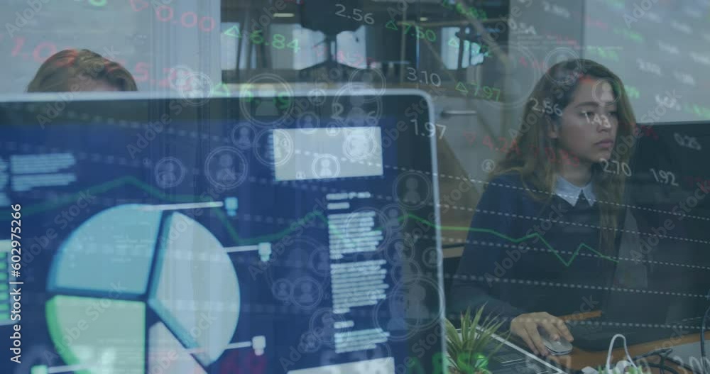 Aufkleber animation of stock market data processing against biracial woman using a computer at office