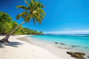 Obraz na płótnie Canvas Beautiful stunning beach summer concept with chair white sand and blue skies. Generative AI