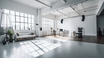 a spacious minimal modern office room half studio created with generative AI