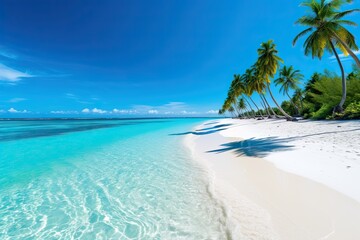 Naklejka premium Beautiful stunning beach summer concept with chair white sand and blue skies. Generative AI