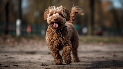 a maltipoo dog running in the park created with generative AI tools