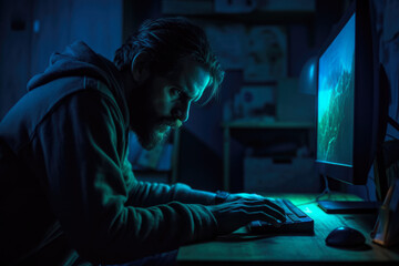 Fototapeta na wymiar A Man In A Dark Room Behind A Bright Blue Computer Screen With A Crooked Back Created With The Help Of Artificial Intelligence