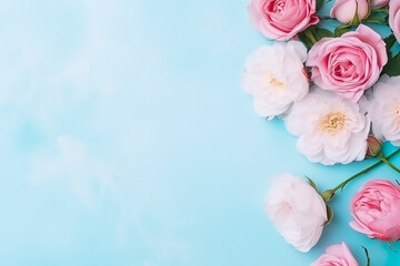 Bouquet of blossom roses on blue background, 8 march, woman's day, mother's day concept banner with empty space for text