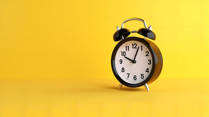 ringing twin bell vintage black classic alarm clock on yellow background with empty space for text