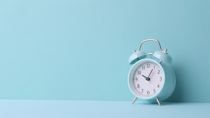 Simply minimal design ringing twin bell vintage classic alarm clock Isolated on blue pastel background with empty space