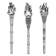 Burning torches monochrome set label