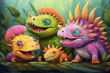 Whimsical and Colorful Digital Comic Art: Playful Dimetrodon Dinosaur in a Hilarious Adventure AI generated