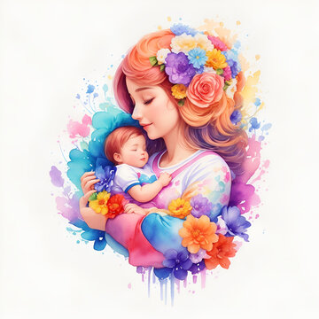 Detailed illustration of mother holding baby. Generate Ai.