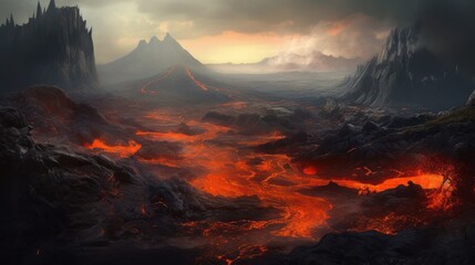 Desolate Volcanic Wasteland, Fantasy Background, Concept Art, Digital Illustration, Generative AI