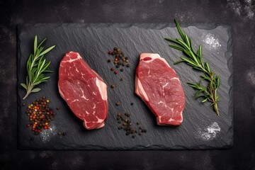 A delicious venison steak seasoned with spices and rosemary served on a black slate, created with AI generative technology. AI generative - obrazy, fototapety, plakaty