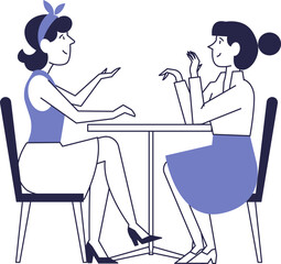 Two girls are talking at a table in a cafe.