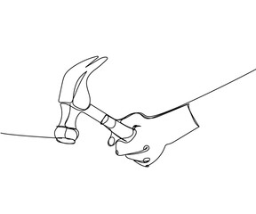 Hammer in hand, hit, repair, smash one line art. Continuous line drawing of equipment, industry, carpentry, metal, worker, hardware, instrument, service, workshop, steel, mechanic, construct