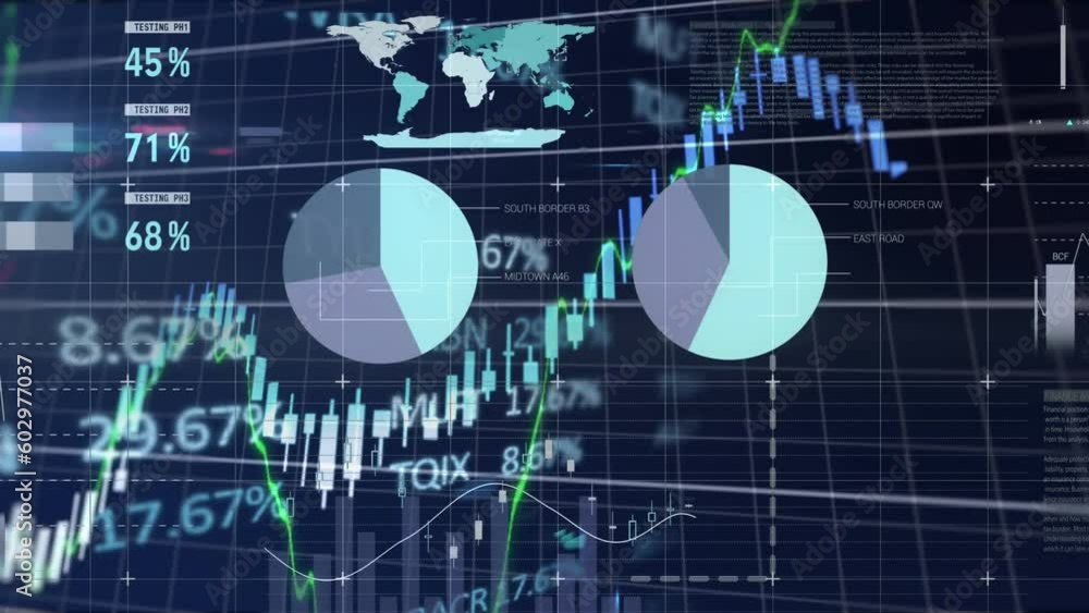 Poster animation of statistical and stock market data processing against blue background