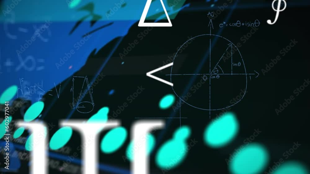 Poster animation of mathematical equations and symbols floating over world map against black background