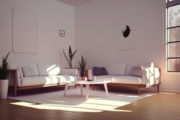 White minimalist living room interior with sofa on wooden floor, white landscape in window. neon light interior. - generative ai
