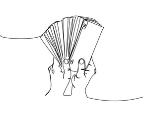 Bundle of money in hand, 50 dollars, hryvnia, euro one line art. Continuous line drawing of bank, money, finance, financial, payment, data, savings, economic, wealth, credit