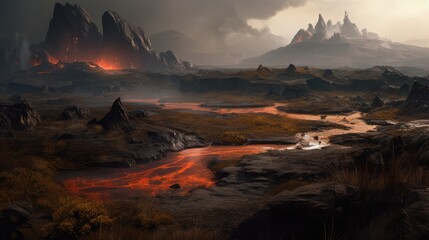 Fototapeta na wymiar Desolate Volcanic Wasteland, Fantasy Background, Concept Art, Digital Illustration, Generative AI