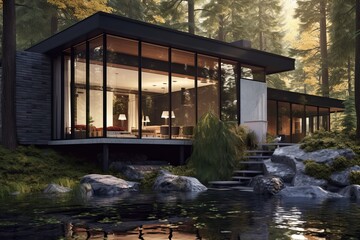 Obraz premium Modern house with pool in a natural environment, generative ai