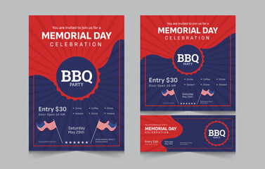 Set of banner for memorial day bbq party invitation, memorial day barbeque invitation, flyer and facebook cover vector illustration eps 10