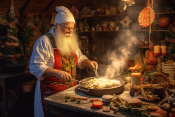Santa Claus is preparing a delicious Christmas dinner standing at the kitchen table near the fireplace. Generated AI