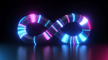 Glowing neon Infinity symbol 3D rendering
