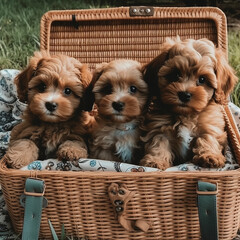 three cute Yorkshire Terrier puppies in a picnic basket created with generative AI tools