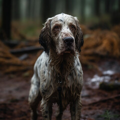 English Setter dog after hunting in the forest covered in mud created with generative AI tools