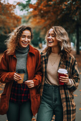 two women in autumn park walking and laughing created with generative AI