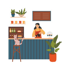 Pets in a cafe. Girl pours coffee at the bar cafe and a cat sits on a chair. flat illustrations on a white background.