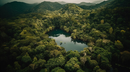 Aerial photo of trees and hidden lake created with generative AI tools