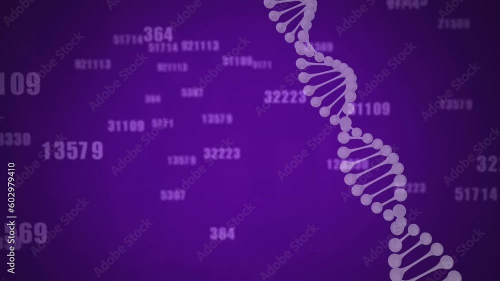 Aufkleber animation of spinning dna structure and multiple changing numbers against purple background