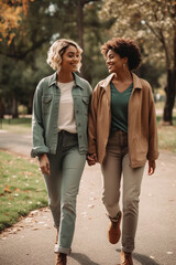 Women couple walking in the park holding hands smiling created with Generative AI tools