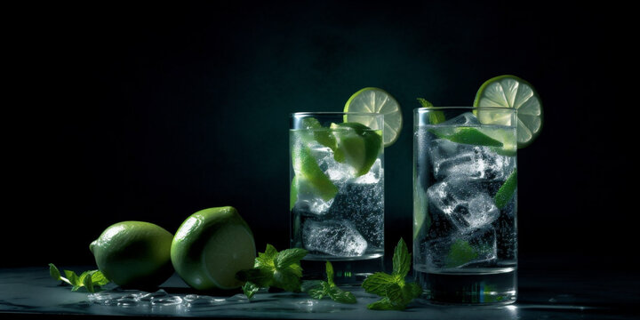 Dark and Refreshing Mojitos with a Hint of Mystery. Generative AI.