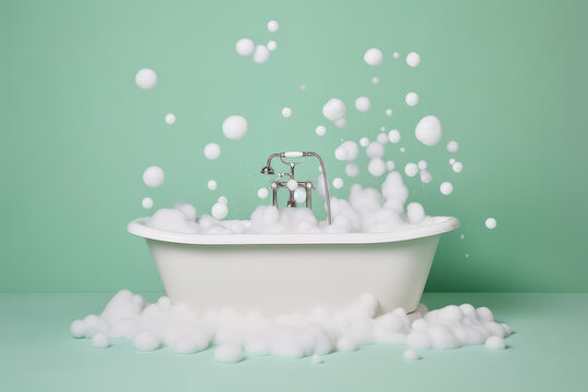 Classic white bathtub with soap foam and floating bubbles isolated on flat pastel green background with copy space. Generative AI professional photo imitation.