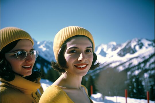 Friends, skiing, retro, vintage, mountains- overshot, generative AI