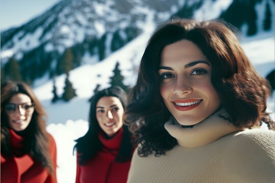 Women friends, winter holiday, retro, vintage, generative AI