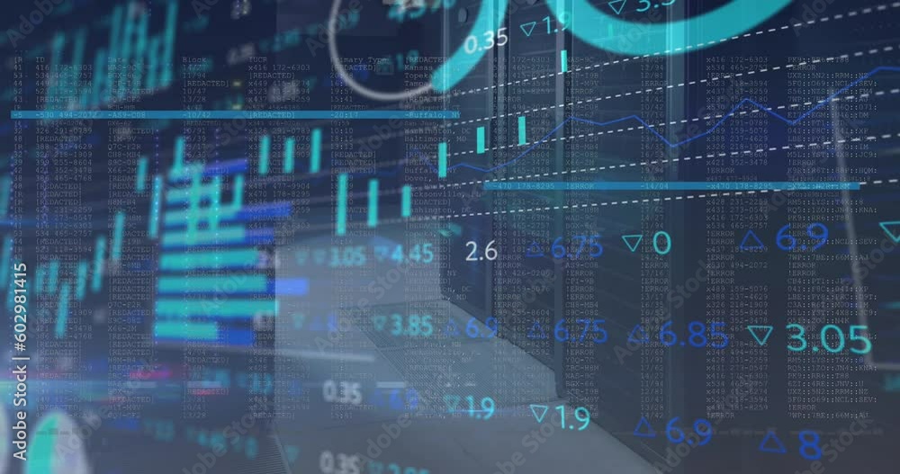 Poster animation of stock market data processing against computer server room