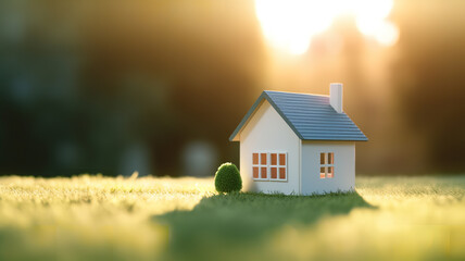 Wooden model of house on grass, summer outdoor, new home concept - obrazy, fototapety, plakaty