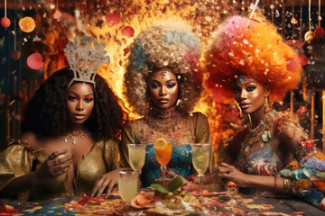 Joyous Splendor: Close-Up of Three Radiant Latin American Women in Colorful Headdresses and Carnival Costumes, Surrounded by Diamond Dust Glitter and Confetti at a Table. Generative AI