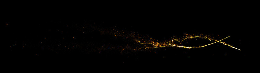 Beautiful golden particles flying shine glitter awards dust abstract on black background. Magical shimmering light.