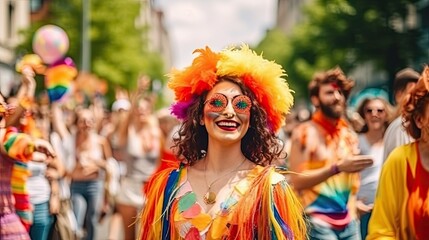 Fototapeta premium People celebrating pride month at a pride parade, LGBTQ+ diversity, Generative AI