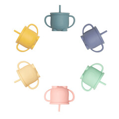 Baby cups of different colors made of silicone on a white background