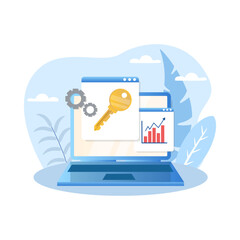 Key management illustration. Laptop, gear, screen, chart, arrow. Editable vector graphic design.