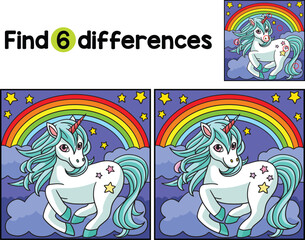 Unicorn Standing the Rainbow Find The Differences