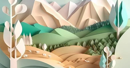Foto op Canvas Beautiful 3d landscape in origami style for art design with mountain, clouds and trees © Александр Ковалёв