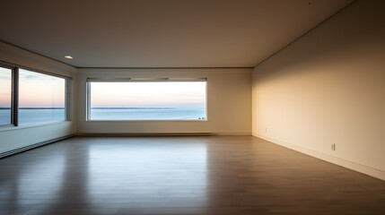 Minimalist empty room with a breathtaking view. Generative AI