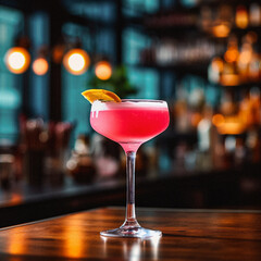 Cosmopolitan cocktail in a dimly lit bar, moody atmosphere, cosy and warm. Late night cocktail bar, restaurant.