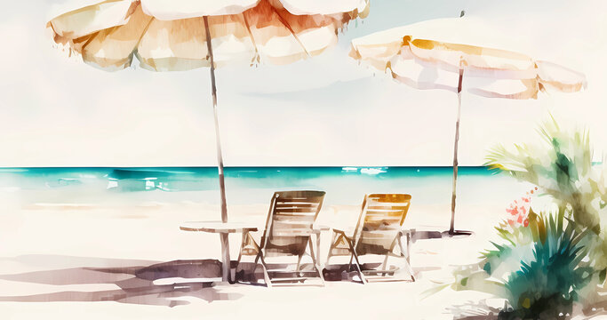 Beautiful watercolor beach backdrop with chairs and umbrella