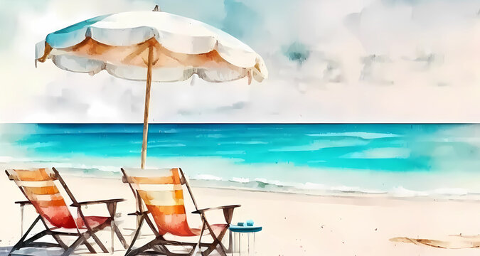 Watercolor beach background with chairs and umbrella