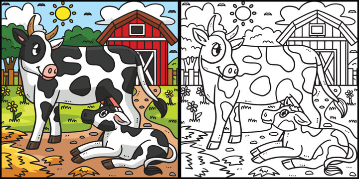 Mother Cow and Calf Coloring Page Illustration